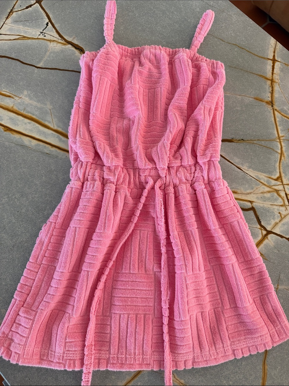 Girls Pink Textured Terry-Knit Sundress with Drawstring Waist